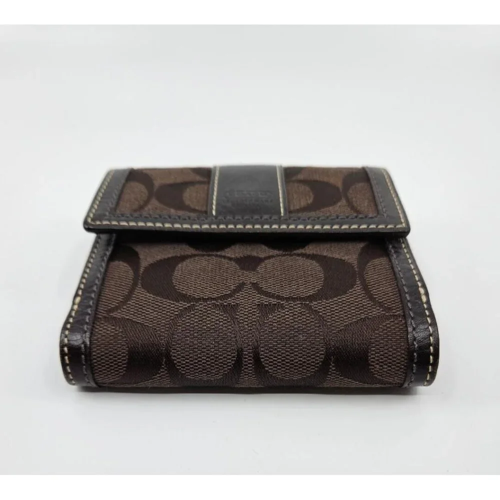 Coach Dark Chocolate Brown Signature Canvas Leather Tri-Fold Snap Wallet - Picture 5 of 13